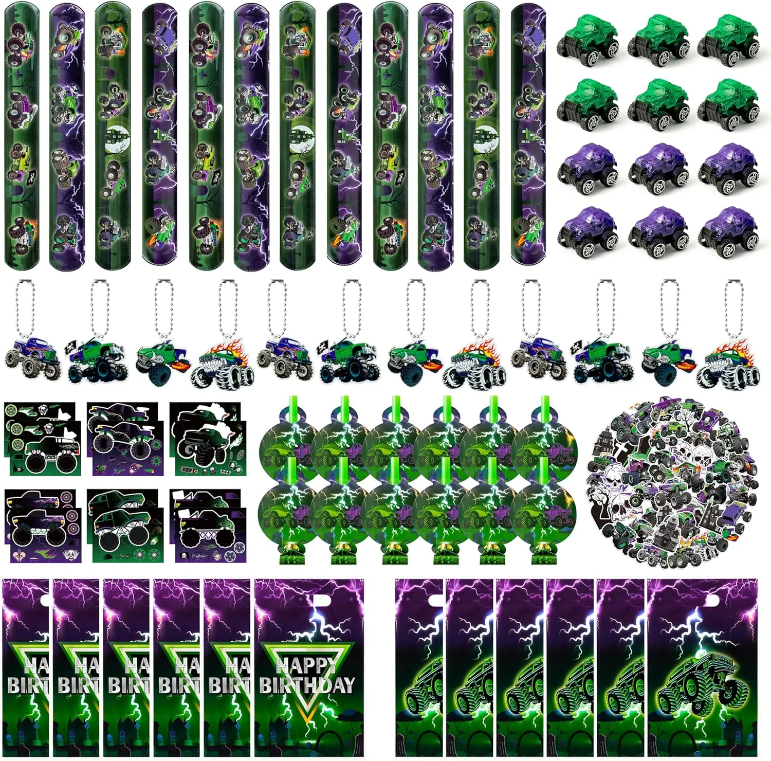 Haooryx Green Purple Monster Truck Party Favor - 122Pcs Monster Truck Slap Bracelets Sticker Blowouts Noisemaker Mini Vehicles Car Toy Keychain waith Gift Bag for Kids Birthday Party Goodie Bag Supply