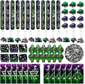 Haooryx Green Purple Monster Truck Party Favor - 122Pcs Monster Truck Slap Bracelets Sticker Blowouts Noisemaker Mini Vehicles Car Toy Keychain waith Gift Bag for Kids Birthday Party Goodie Bag Supply