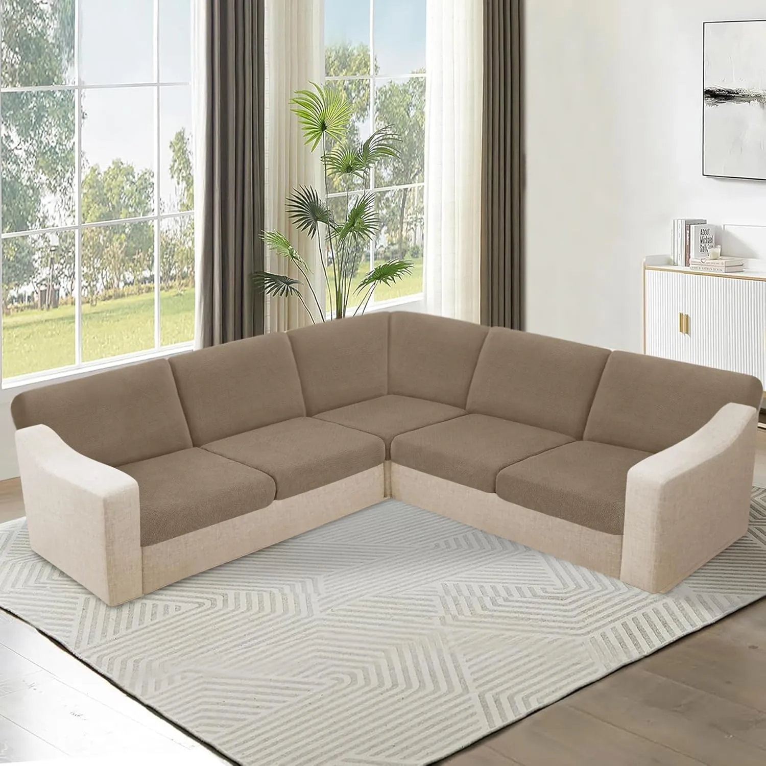 HDCAXKJ Waterproof Sectional Couch Cushion Covers 11 Pieces Stretch Jacquard L Shaped Corner Sofa Slipcover Back Cover Soft Sofa Seat Cushion Covers for Dogs Pet (5 Seater and 6 Backrest, Brown Khaki)