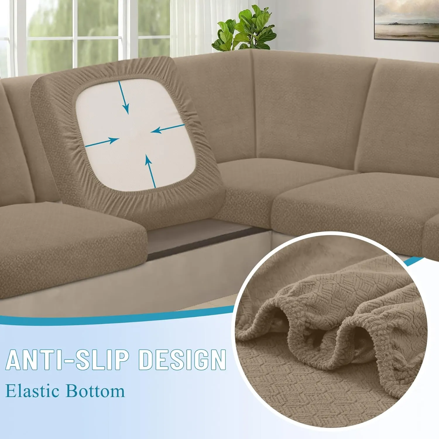 HDCAXKJ Waterproof Sectional Couch Cushion Covers 11 Pieces Stretch Jacquard L Shaped Corner Sofa Slipcover Back Cover Soft Sofa Seat Cushion Covers for Dogs Pet (5 Seater and 6 Backrest, Brown Khaki)