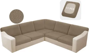 HDCAXKJ Waterproof Sectional Couch Cushion Covers 11 Pieces Stretch Jacquard L Shaped Corner Sofa Slipcover Back Cover Soft Sofa Seat Cushion Covers for Dogs Pet (5 Seater and 6 Backrest, Brown Khaki)