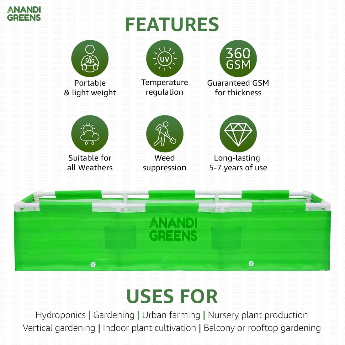 HDPE Rectangular Grow Bag | 5x1x1 Ft | 360 GSM with UPVC Frame