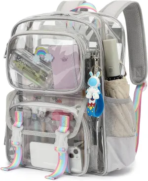 Heavy Duty Clear School Backpack for Girls Women, PVC See Through Transparent Backpack Bookbag for Kids Teens Adults (Grey)