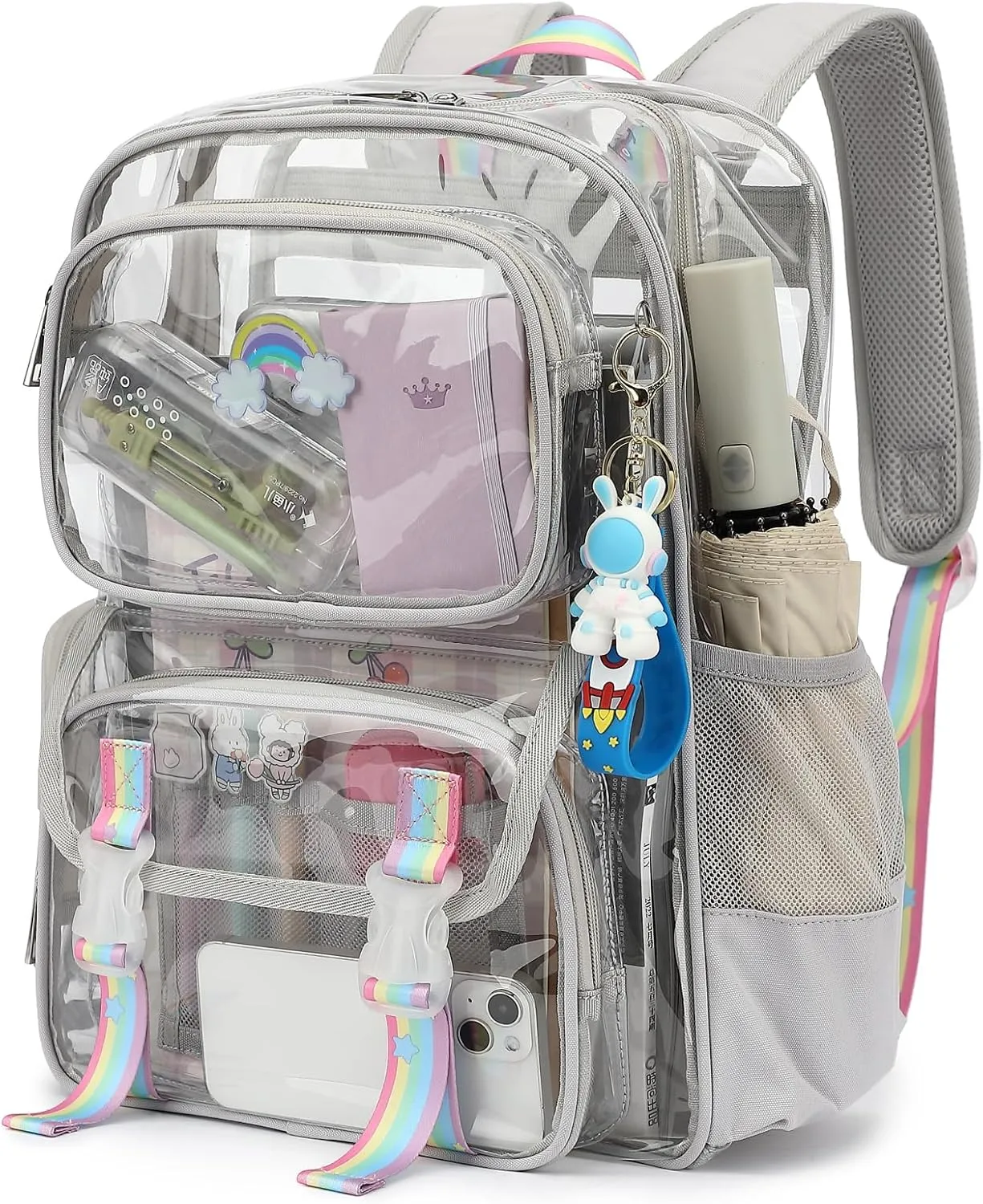 Heavy Duty Clear School Backpack for Girls Women, PVC See Through Transparent Backpack Bookbag for Kids Teens Adults (Grey)