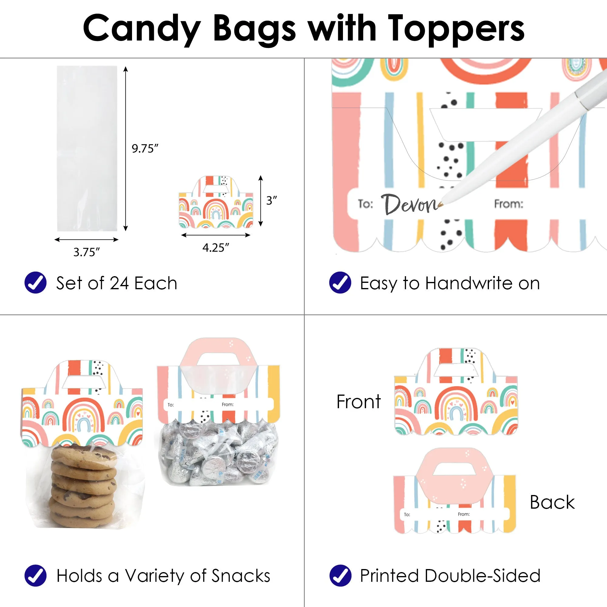 Hello Rainbow - DIY Boho Baby Shower and Birthday Party Clear Goodie Favor Bag Labels - Candy Bags with Toppers - Set of 24