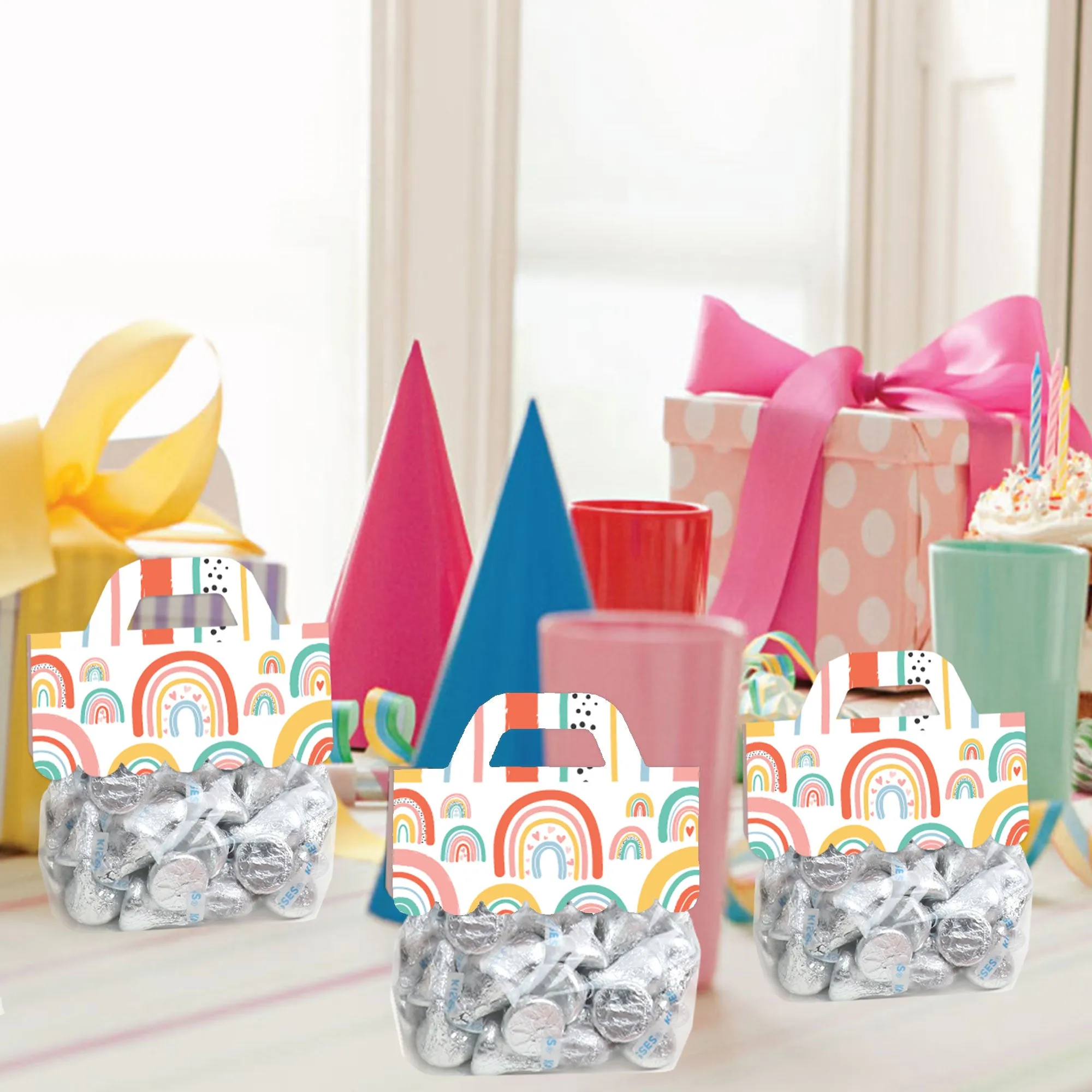 Hello Rainbow - DIY Boho Baby Shower and Birthday Party Clear Goodie Favor Bag Labels - Candy Bags with Toppers - Set of 24