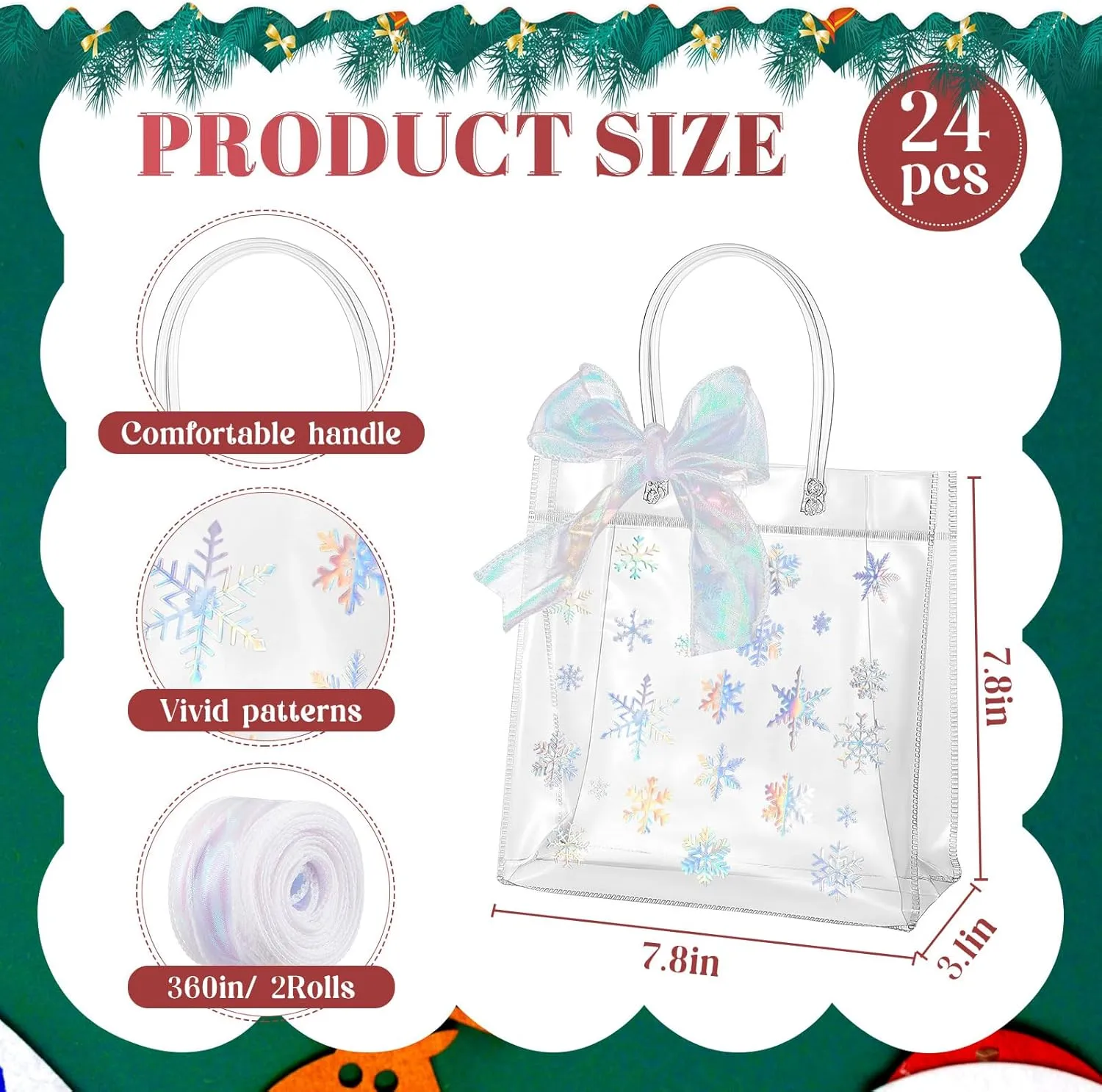 Henoyso 24 Pcs Snowflake Clear Gift Bags Winter Frozen Party Favors Bags Christmas Plastic Candy Goodie Treat Tote with Handles and Ribbon 7.8 x 7.8 x 3.1 PVC Gift Wrap Tote(Laser Silver)