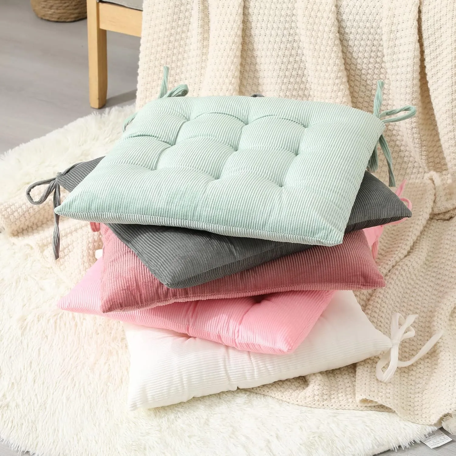 HLOVME Corduroy Chair Cushion with Ties Ultra Soft Warm Floor Cushion for Kids Reading Nook Comfortable Square Seat Cushion for Adult 15.7”x15.7” Set of 2, Pink