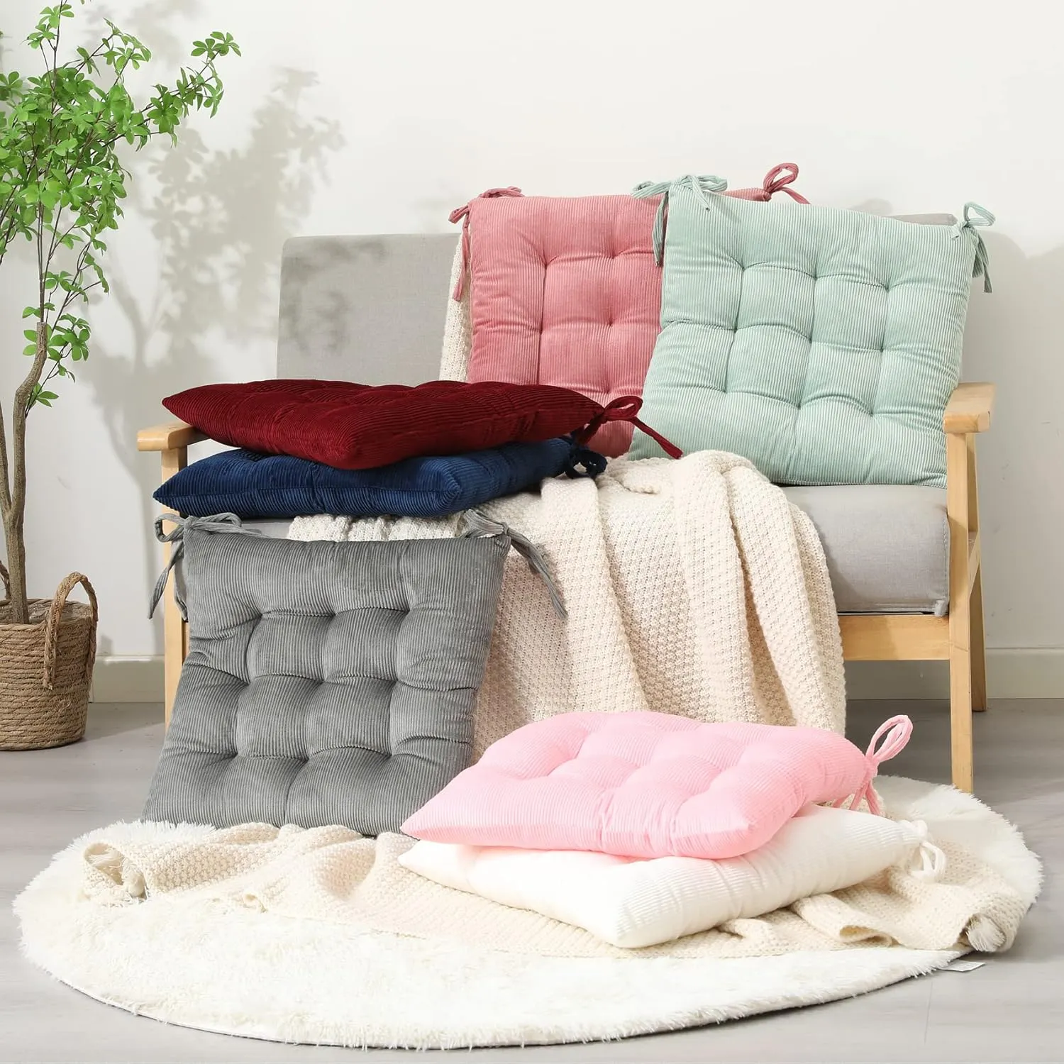 HLOVME Corduroy Chair Cushion with Ties Ultra Soft Warm Floor Cushion for Kids Reading Nook Comfortable Square Seat Cushion for Adult 15.7”x15.7” Set of 2, Pink