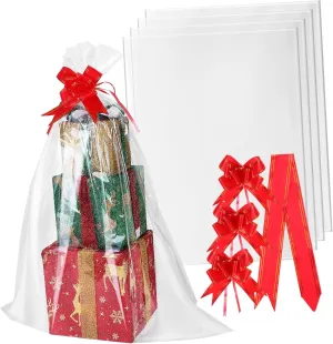 HOLIDYOYO 5Pcs Large Clear Cellophane Bags with Bows Basket Wrapping Plastic for Present Storage Holiday Presents Sturdy and Versatile Use for Any Occasion