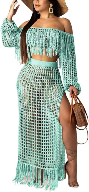 HOULENGS Women's 2 Piece Crochet Off Shoulder Cover Up Hollow Out High Split Tassel Skirt Sets