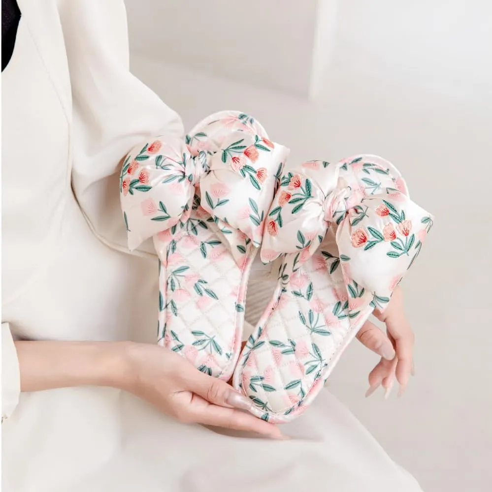 House Slippers For Women With Flower Embroidery Cute Bow Satin Slipper Home Sandals For Home Bedroom Indoor Party Travel