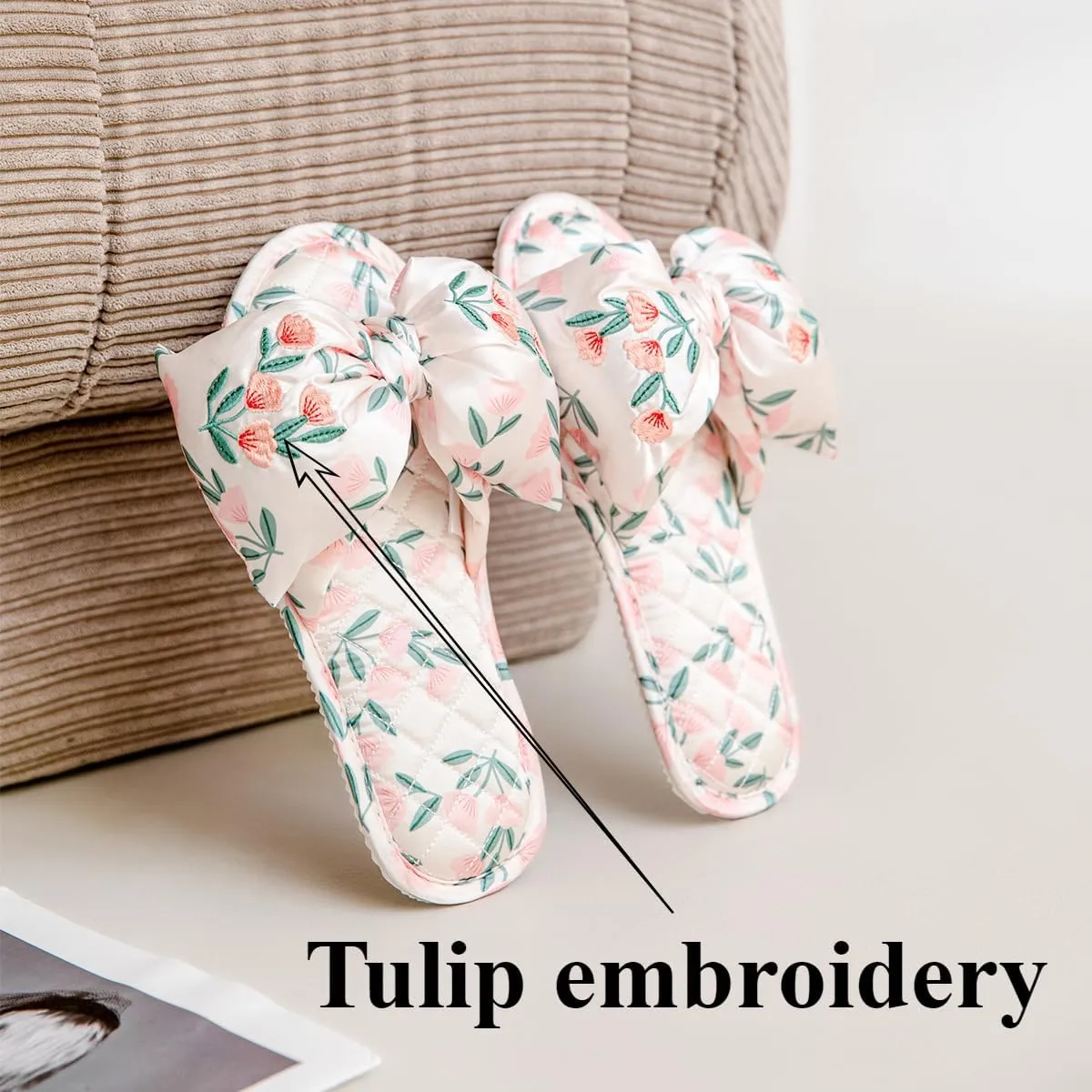 House Slippers For Women With Flower Embroidery Cute Bow Satin Slipper Home Sandals For Home Bedroom Indoor Party Travel
