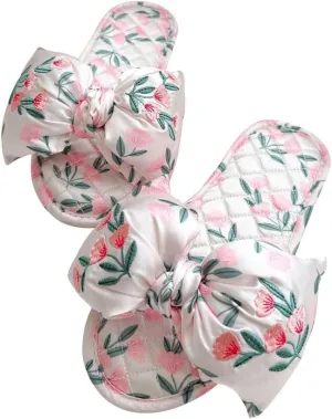 House Slippers For Women With Flower Embroidery Cute Bow Satin Slipper Home Sandals For Home Bedroom Indoor Party Travel