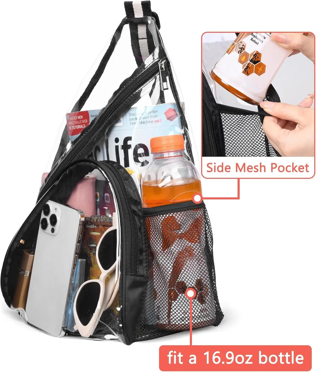 HULISEN Clear Sling Bag, Clear Bag Stadium Approved, Transparent Shoulder Crossbody Backpack Chest Casual Daypack
