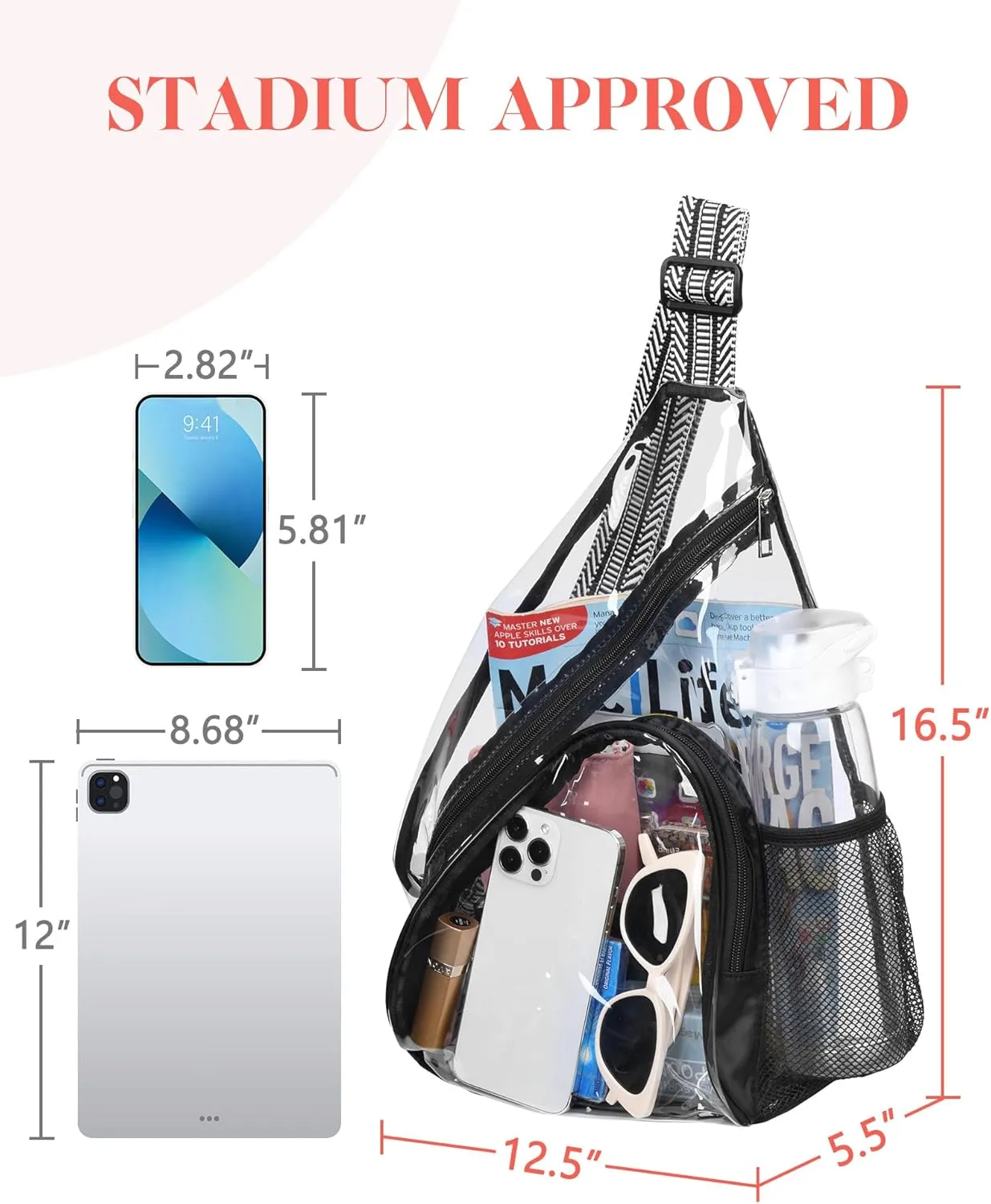HULISEN Clear Sling Bag, Clear Bag Stadium Approved, Transparent Shoulder Crossbody Backpack Chest Casual Daypack