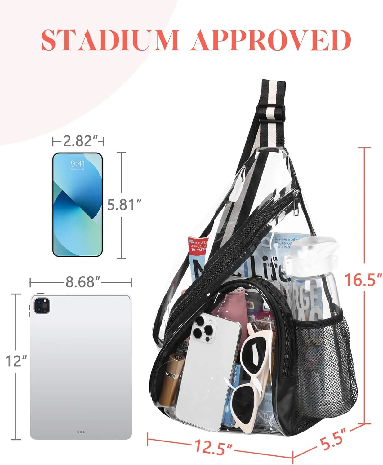 HULISEN Clear Sling Bag, Clear Bag Stadium Approved, Transparent Shoulder Crossbody Backpack Chest Casual Daypack