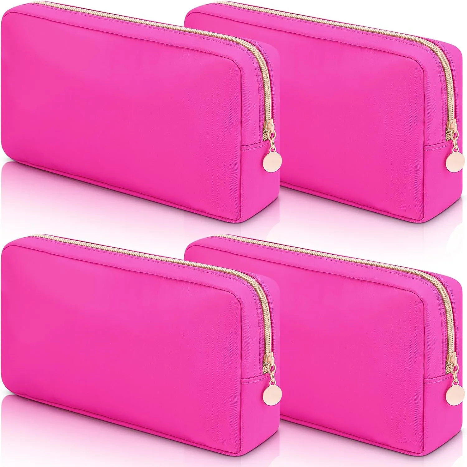 Hushee 4 Pcs Nylon Makeup Bag Preppy Zipper Pouch Waterproof Nylon Toiletry Storage Bag for Women(Small,Hot Pink)
