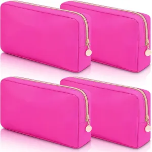 Hushee 4 Pcs Nylon Makeup Bag Preppy Zipper Pouch Waterproof Nylon Toiletry Storage Bag for Women(Small,Hot Pink)