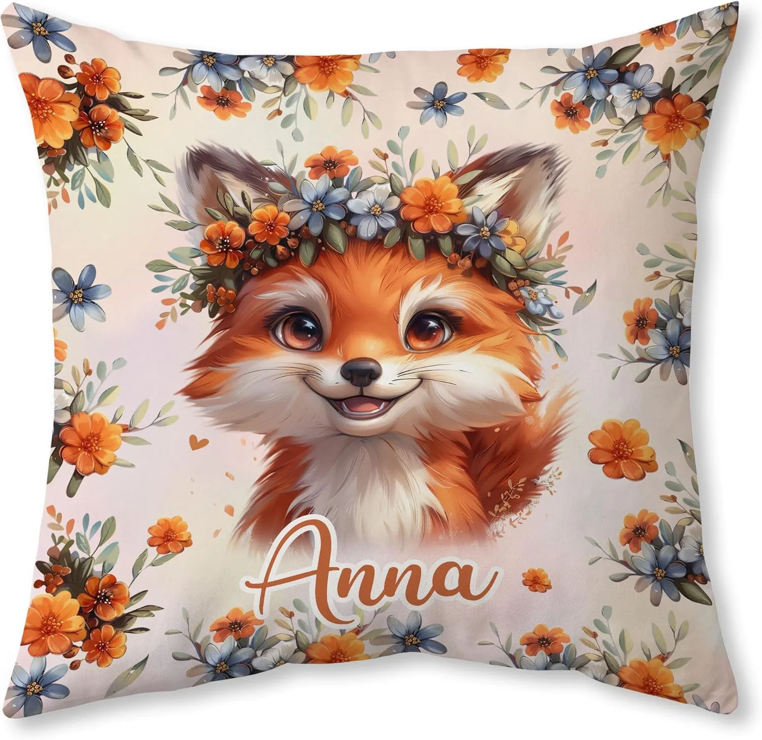 Hyturtle Personalized Cute Fox Pillow - Floral Fox Gift for Women - Gift for Fox Lover - Wild Animal Gift for Lovers - Fox Gifts On Birthday Christmas - Custom Name Pillow with Insert Home Sofa Decor