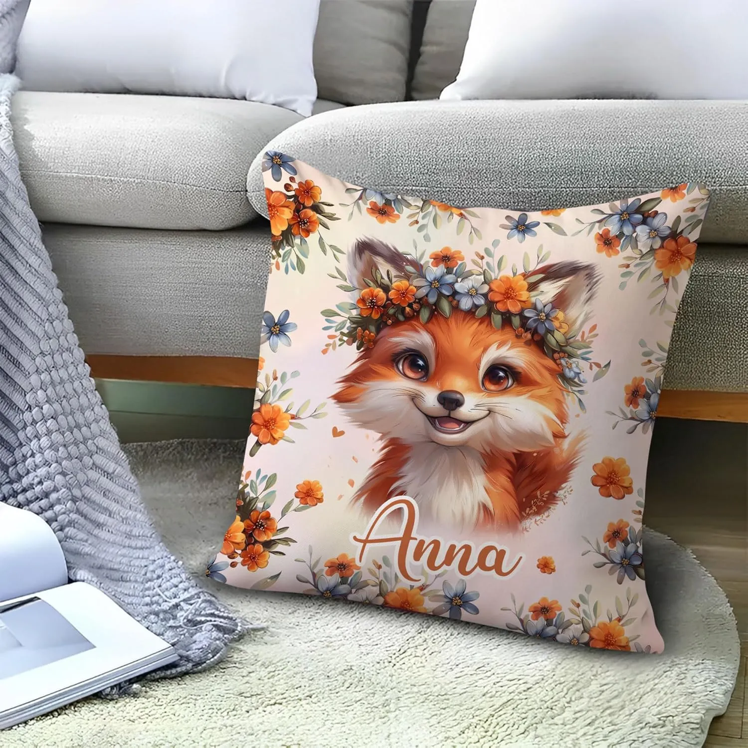 Hyturtle Personalized Cute Fox Pillow - Floral Fox Gift for Women - Gift for Fox Lover - Wild Animal Gift for Lovers - Fox Gifts On Birthday Christmas - Custom Name Pillow with Insert Home Sofa Decor
