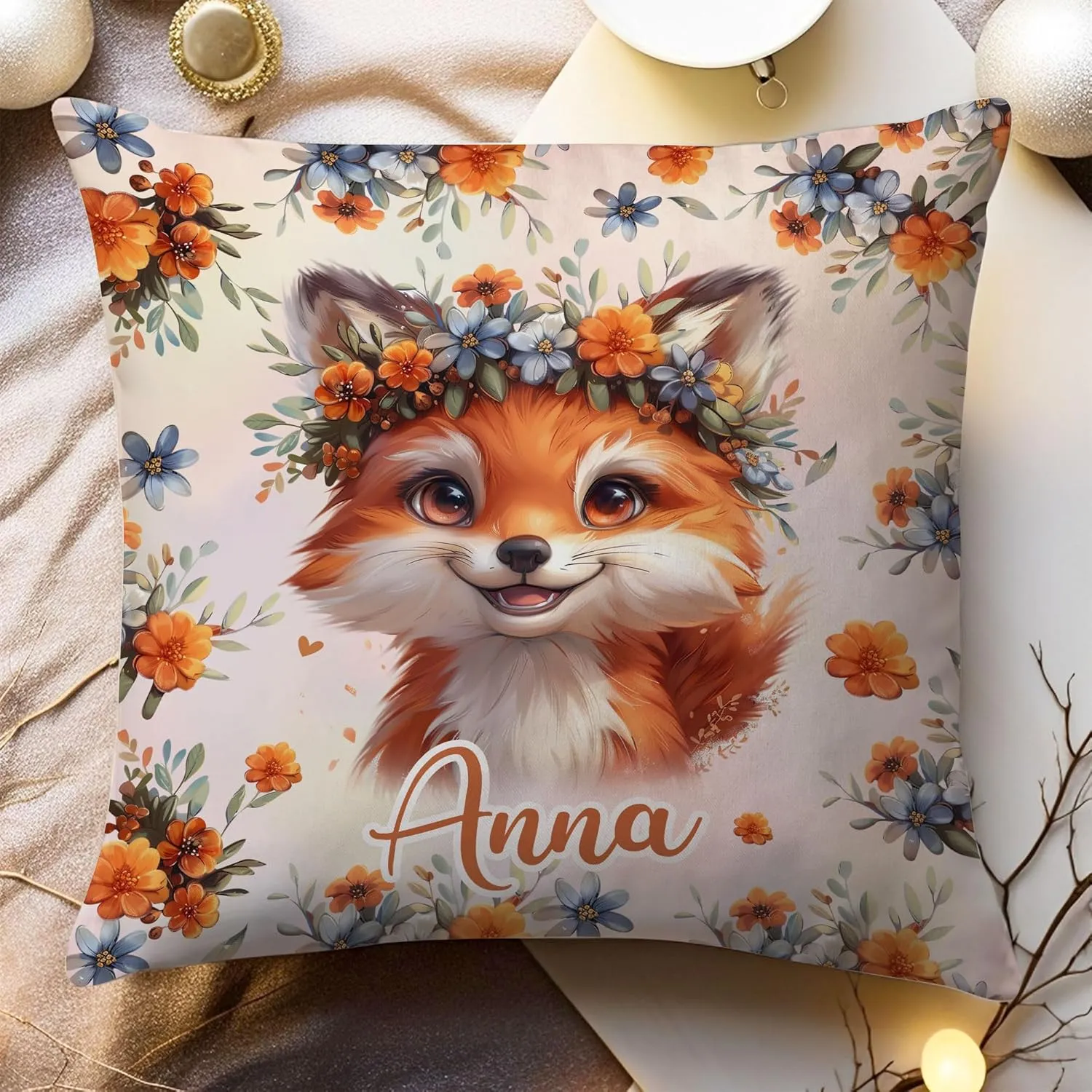 Hyturtle Personalized Cute Fox Pillow - Floral Fox Gift for Women - Gift for Fox Lover - Wild Animal Gift for Lovers - Fox Gifts On Birthday Christmas - Custom Name Pillow with Insert Home Sofa Decor