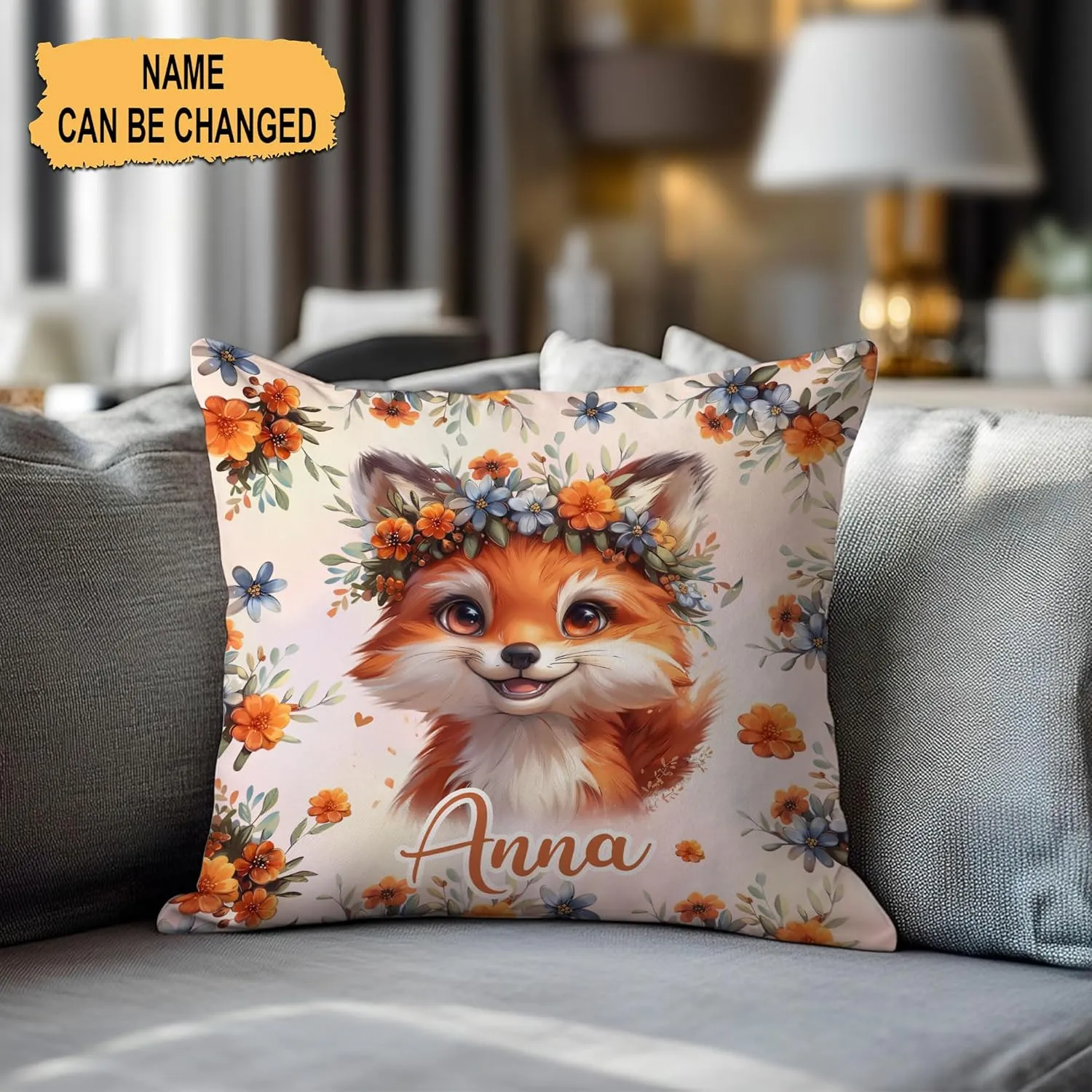 Hyturtle Personalized Cute Fox Pillow - Floral Fox Gift for Women - Gift for Fox Lover - Wild Animal Gift for Lovers - Fox Gifts On Birthday Christmas - Custom Name Pillow with Insert Home Sofa Decor
