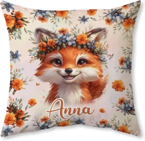 Hyturtle Personalized Cute Fox Pillow - Floral Fox Gift for Women - Gift for Fox Lover - Wild Animal Gift for Lovers - Fox Gifts On Birthday Christmas - Custom Name Pillow with Insert Home Sofa Decor