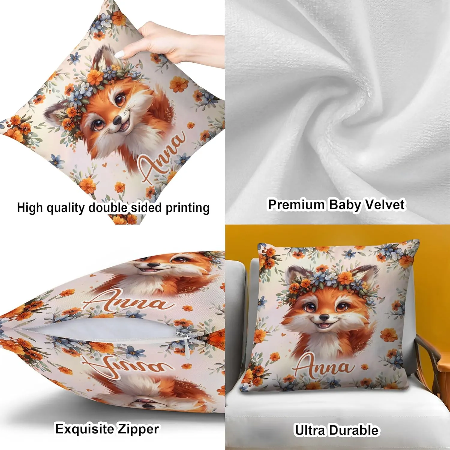 Hyturtle Personalized Cute Fox Pillow - Floral Fox Gift for Women - Gift for Fox Lover - Wild Animal Gift for Lovers - Fox Gifts On Birthday Christmas - Custom Name Pillow with Insert Home Sofa Decor
