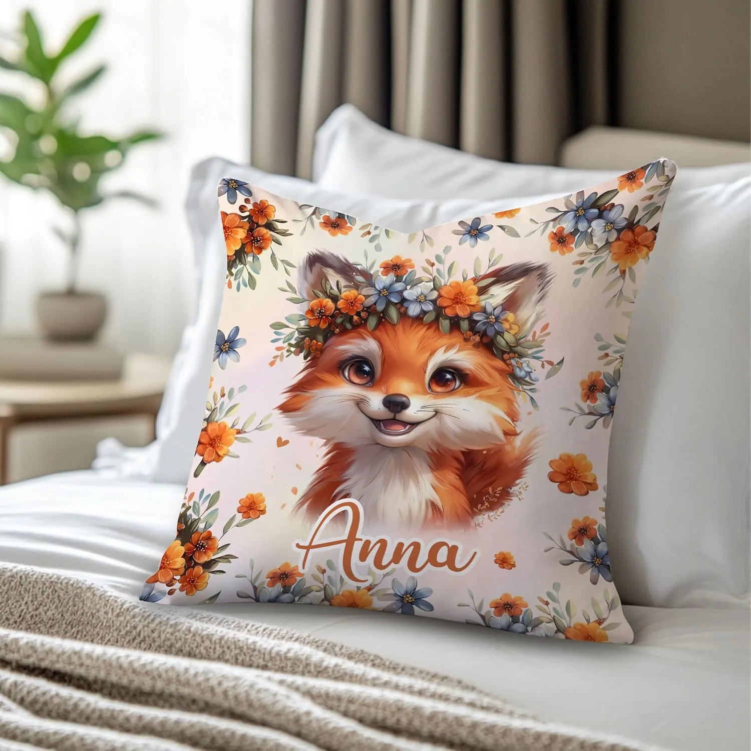 Hyturtle Personalized Cute Fox Pillow - Floral Fox Gift for Women - Gift for Fox Lover - Wild Animal Gift for Lovers - Fox Gifts On Birthday Christmas - Custom Name Pillow with Insert Home Sofa Decor