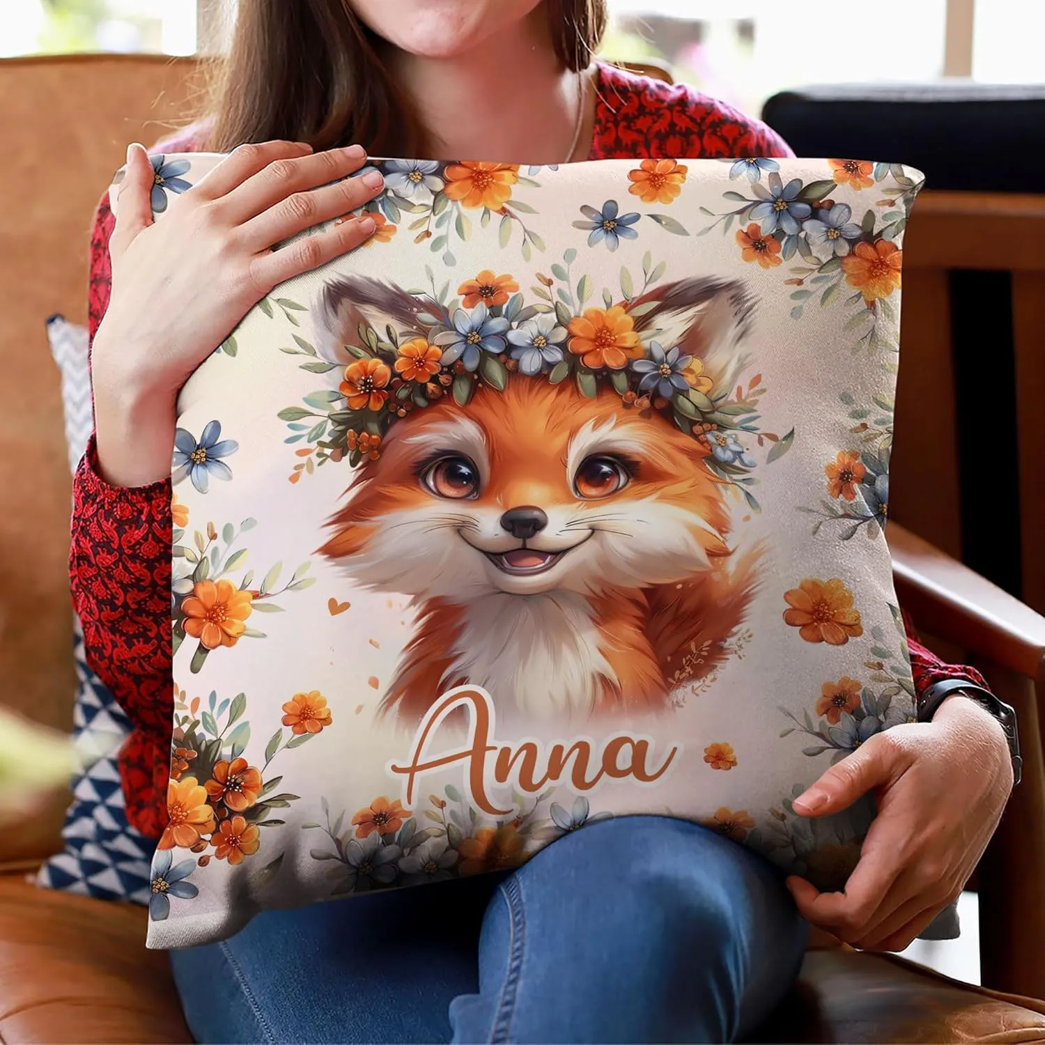 Hyturtle Personalized Cute Fox Pillow - Floral Fox Gift for Women - Gift for Fox Lover - Wild Animal Gift for Lovers - Fox Gifts On Birthday Christmas - Custom Name Pillow with Insert Home Sofa Decor