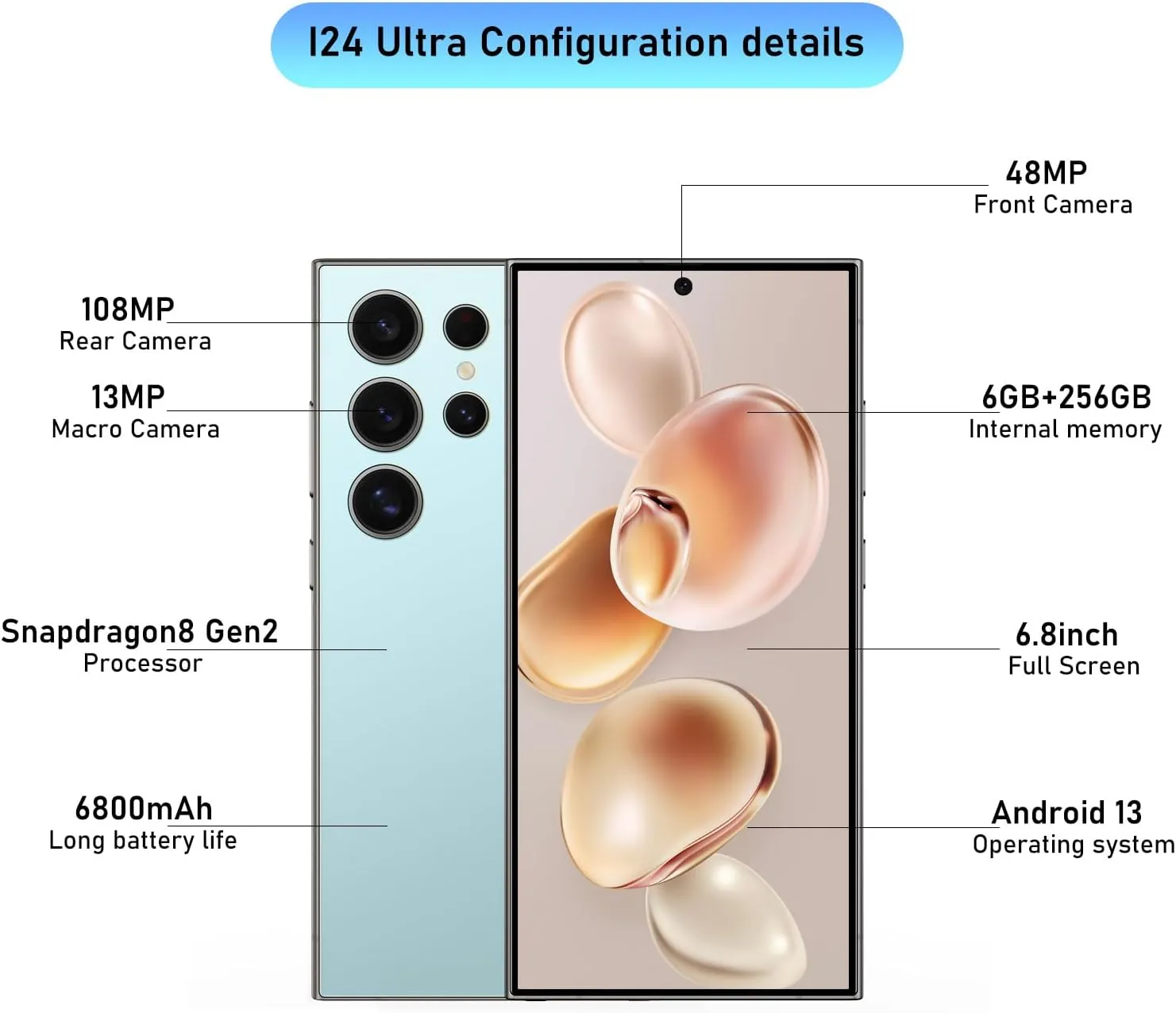I24 Ultra Unlocked Smartphone,6GB 256GB Built in Pen with128GB Memory Card Cell Phone Android 13, 6.8" HD Screen Unlocked Cell Phone, 6800mAh, 48MP 108MP Dual Camera/Fingerprint Lock (Cyan)