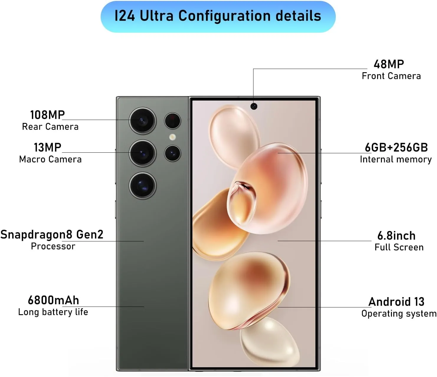 I24 Ultra Unlocked Smartphone,6GB 256GB Built in Pen with128GB Memory Card Cell Phone Android 13, 6.8" HD Screen Unlocked Cell Phone, 6800mAh, 48MP 108MP Dual Camera/Fingerprint Lock (Green)