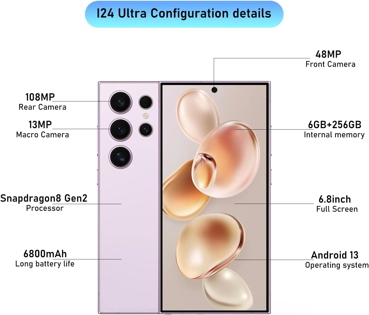 I24 Ultra Unlocked Smartphone,6GB 256GB Built in Pen with128GB Memory Card Cell Phone Android 13, 6.8" HD Screen Unlocked Cell Phone, 6800mAh, 48MP 108MP Dual Camera/Fingerprint Lock (Purple)