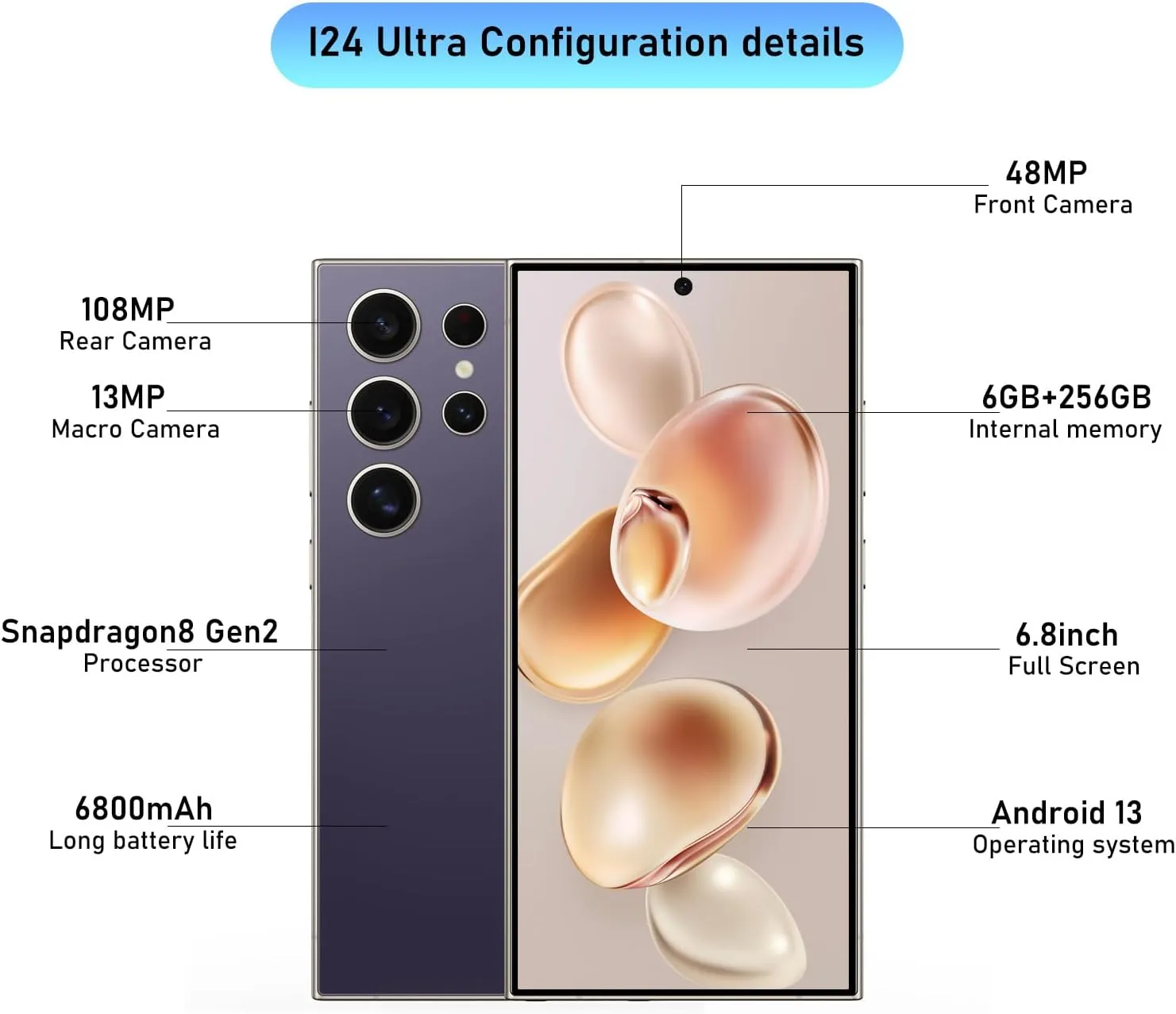I24 Ultra Unlocked Smartphone,6GB 256GB Built in Pen with128GB Memory Card cell phone Android 13, 6.8"HD Screen Unlocked Cell Phone, 6800mAh, 48MP 108MP Dual Camera/Fingerprint Lock (Dark purple)
