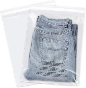 iMailer - 200 Count - 13" x 15" Clear Plastic Poly Bags with Suffocation Warning for Clothing, T-Shirts, Pants-Resealable Adhesive,Not Strong