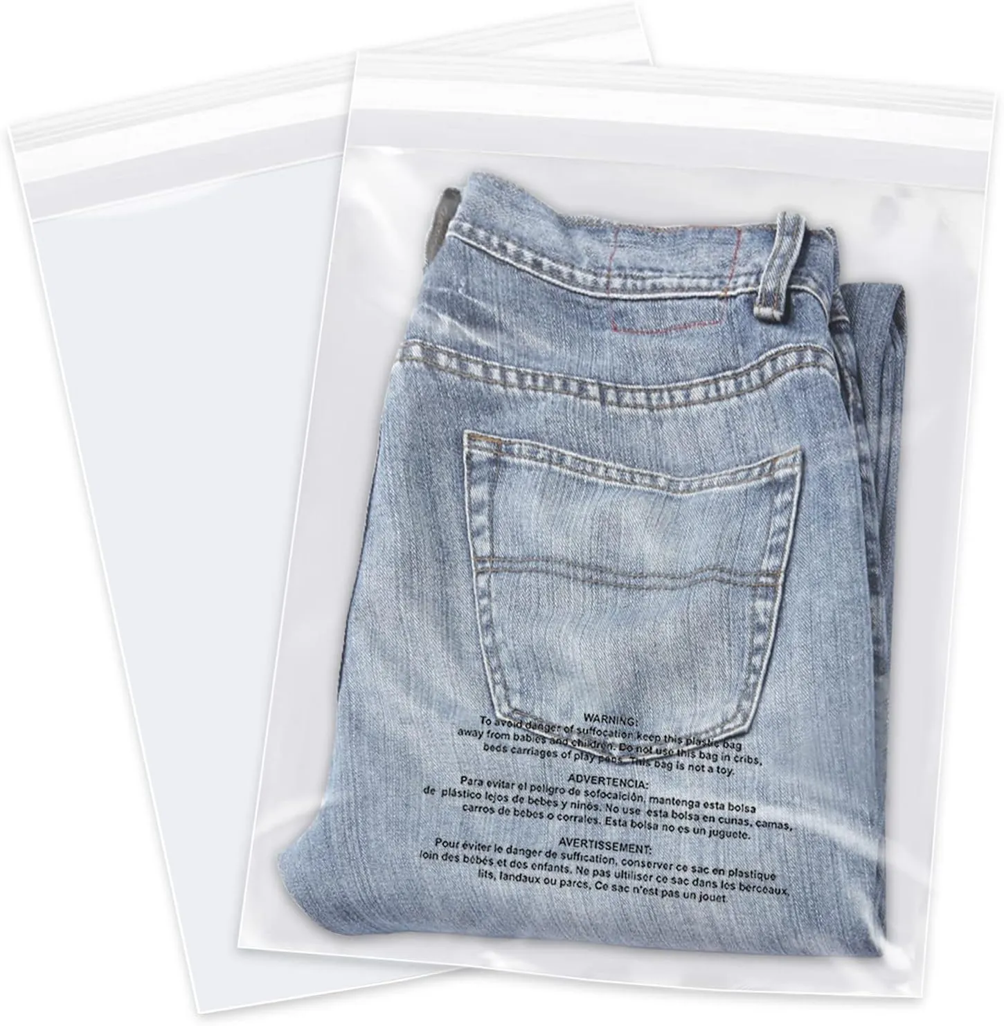 iMailer - 200 Count - 13" x 15" Clear Plastic Poly Bags with Suffocation Warning for Clothing, T-Shirts, Pants-Resealable Adhesive,Not Strong