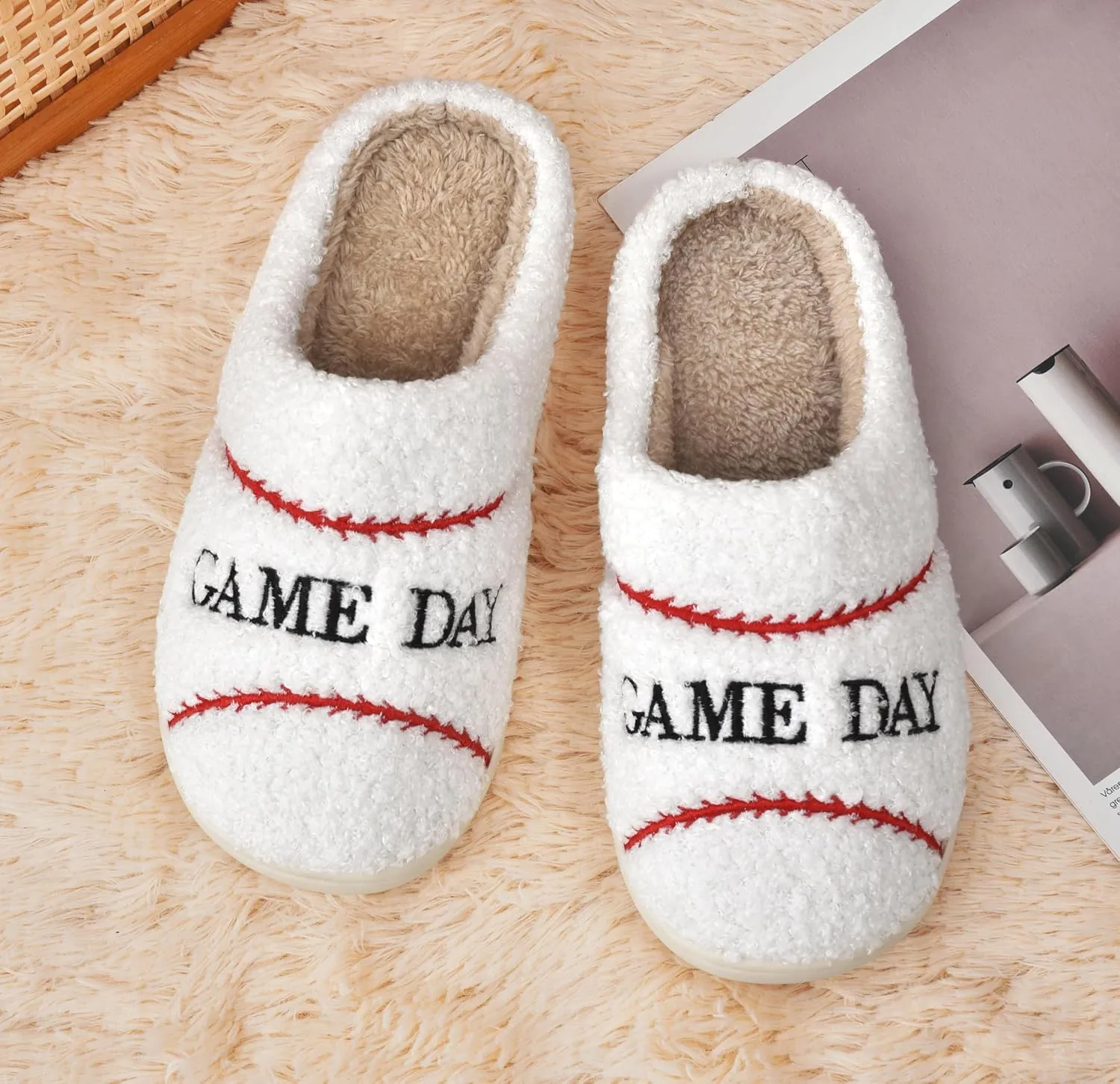 INMINPIN Women Men Ball Sports Slippers Soft Curly Plush House Shoes Cozy Bedroom Slippers Indoor Outdoor with Non Slip Sole for Sports Fan