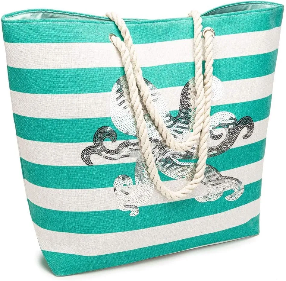 inOne Octopus Beach Bag, 21.6" Large Tote Bag Heavy Duty Handbag with Rope Handles and Sequin Octopus
