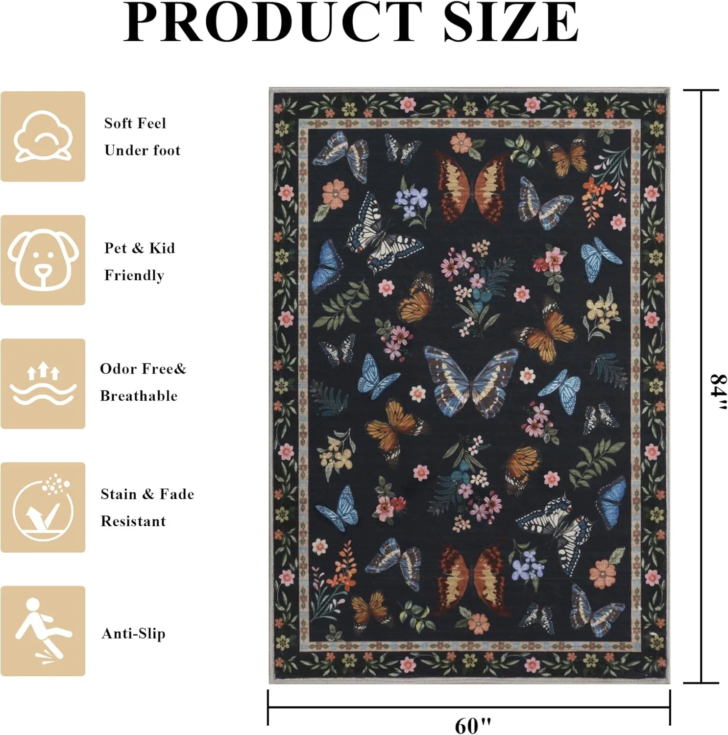 Insect Floral Area Rug for Living Room 5x7 Machine Washable Area Rug Non-Slip Low Pile Large Bedroom Rug Stain Resistant Throw Rug Carpet for Nursery Dining Room Kids Playroom Office Black