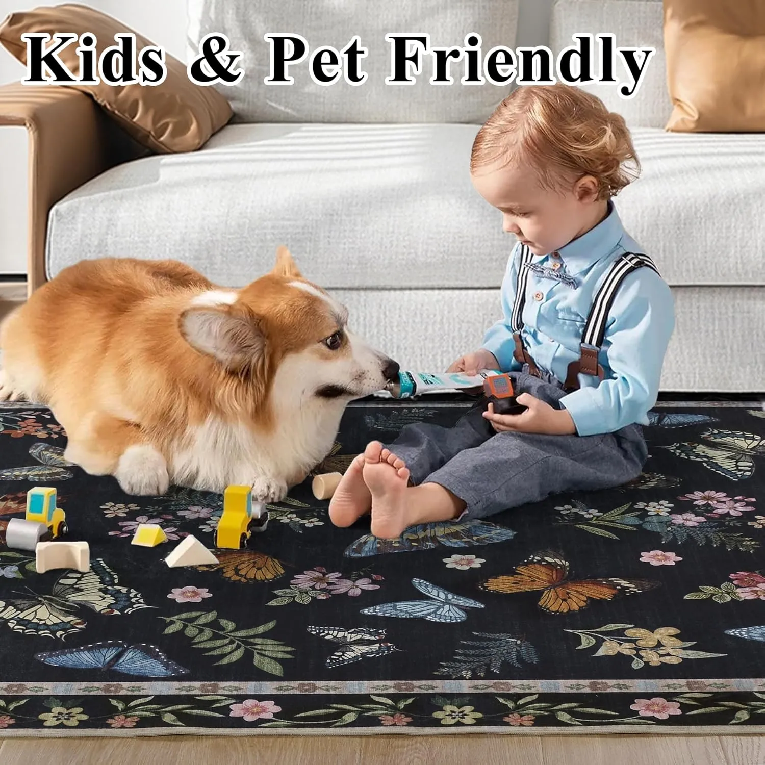 Insect Floral Area Rug for Living Room 5x7 Machine Washable Area Rug Non-Slip Low Pile Large Bedroom Rug Stain Resistant Throw Rug Carpet for Nursery Dining Room Kids Playroom Office Black