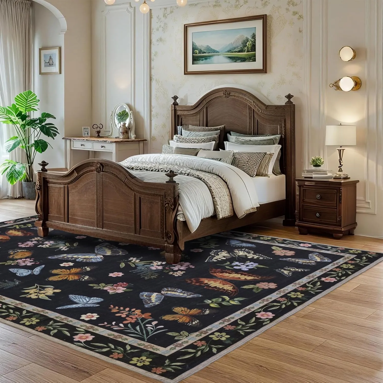 Insect Floral Area Rug for Living Room 5x7 Machine Washable Area Rug Non-Slip Low Pile Large Bedroom Rug Stain Resistant Throw Rug Carpet for Nursery Dining Room Kids Playroom Office Black