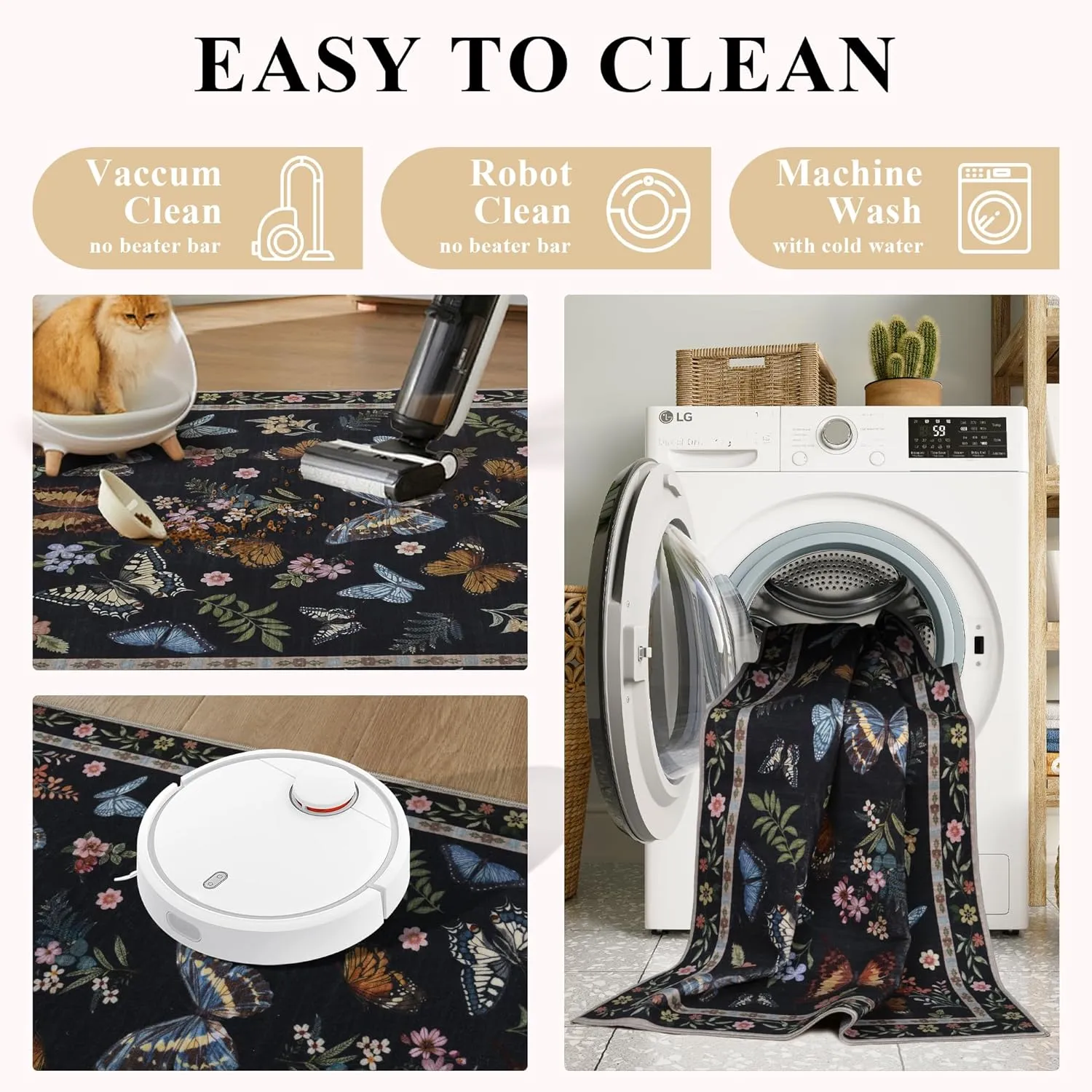 Insect Floral Area Rug for Living Room 5x7 Machine Washable Area Rug Non-Slip Low Pile Large Bedroom Rug Stain Resistant Throw Rug Carpet for Nursery Dining Room Kids Playroom Office Black