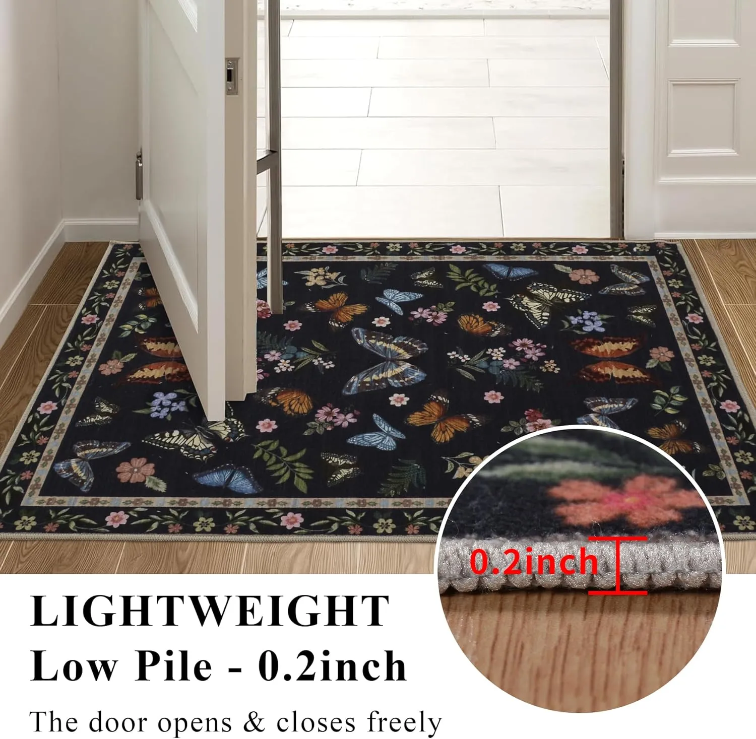 Insect Floral Area Rug for Living Room 5x7 Machine Washable Area Rug Non-Slip Low Pile Large Bedroom Rug Stain Resistant Throw Rug Carpet for Nursery Dining Room Kids Playroom Office Black