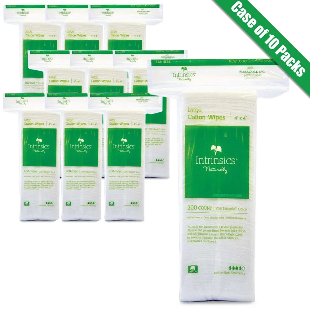 Intrinsics Cotton Esthetic Wipes - Large - 4" X 4" - 100% Naturelle Cotton / 200 Count per Resealable Bag X 10 Bags = Case of 2,000 Cotton Esthetic Wipes