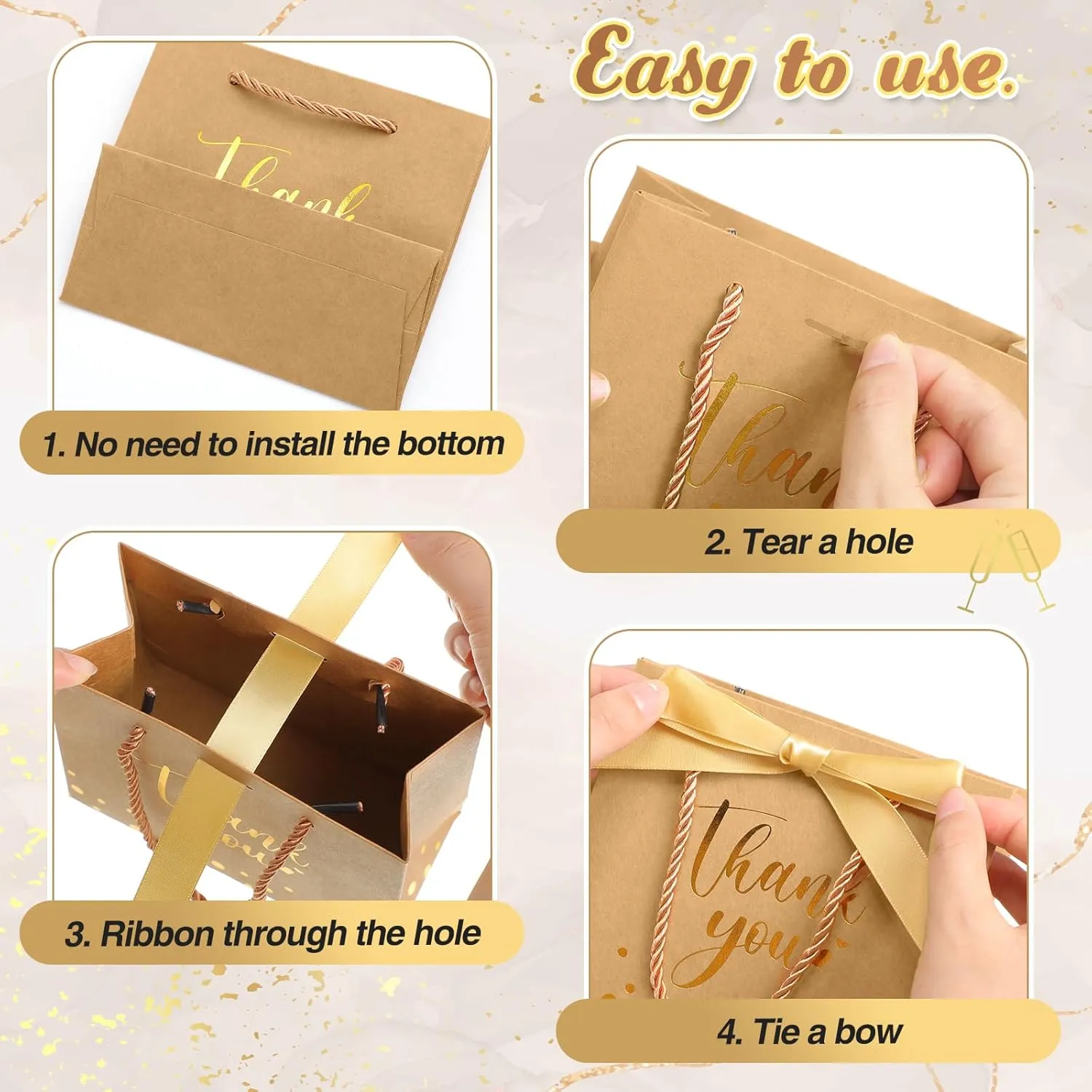 Jetec 45 Pcs Mini Paper Gift Bag Bulk 5.5 x 4.7 x 2.5'' Small Thank You Favor Bag with Handle Bow Ribbon for Valentine‘s Day Wedding Baby Bridal Shower Birthday Party(Kraft Paper Color/gold)
