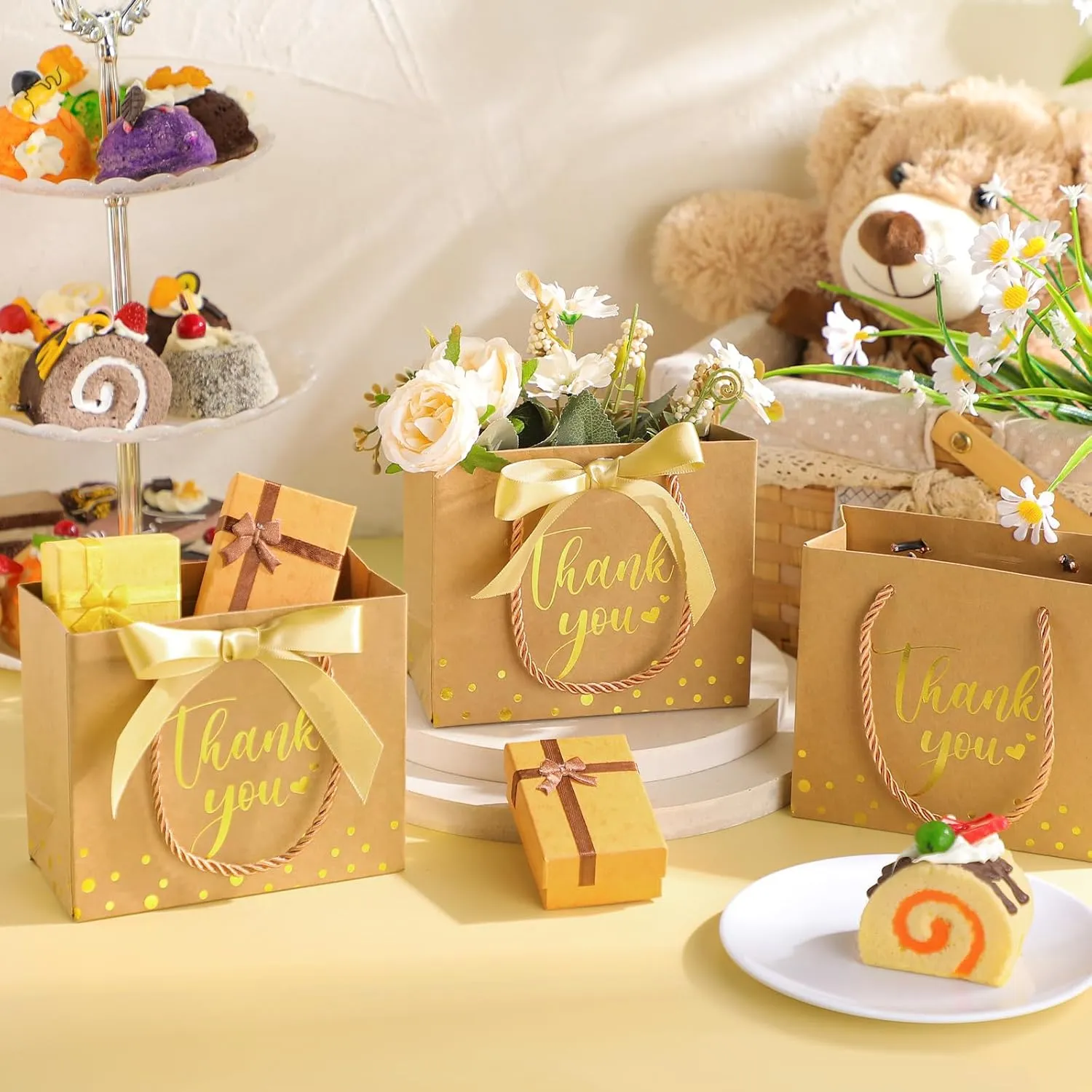Jetec 45 Pcs Mini Paper Gift Bag Bulk 5.5 x 4.7 x 2.5'' Small Thank You Favor Bag with Handle Bow Ribbon for Valentine‘s Day Wedding Baby Bridal Shower Birthday Party(Kraft Paper Color/gold)