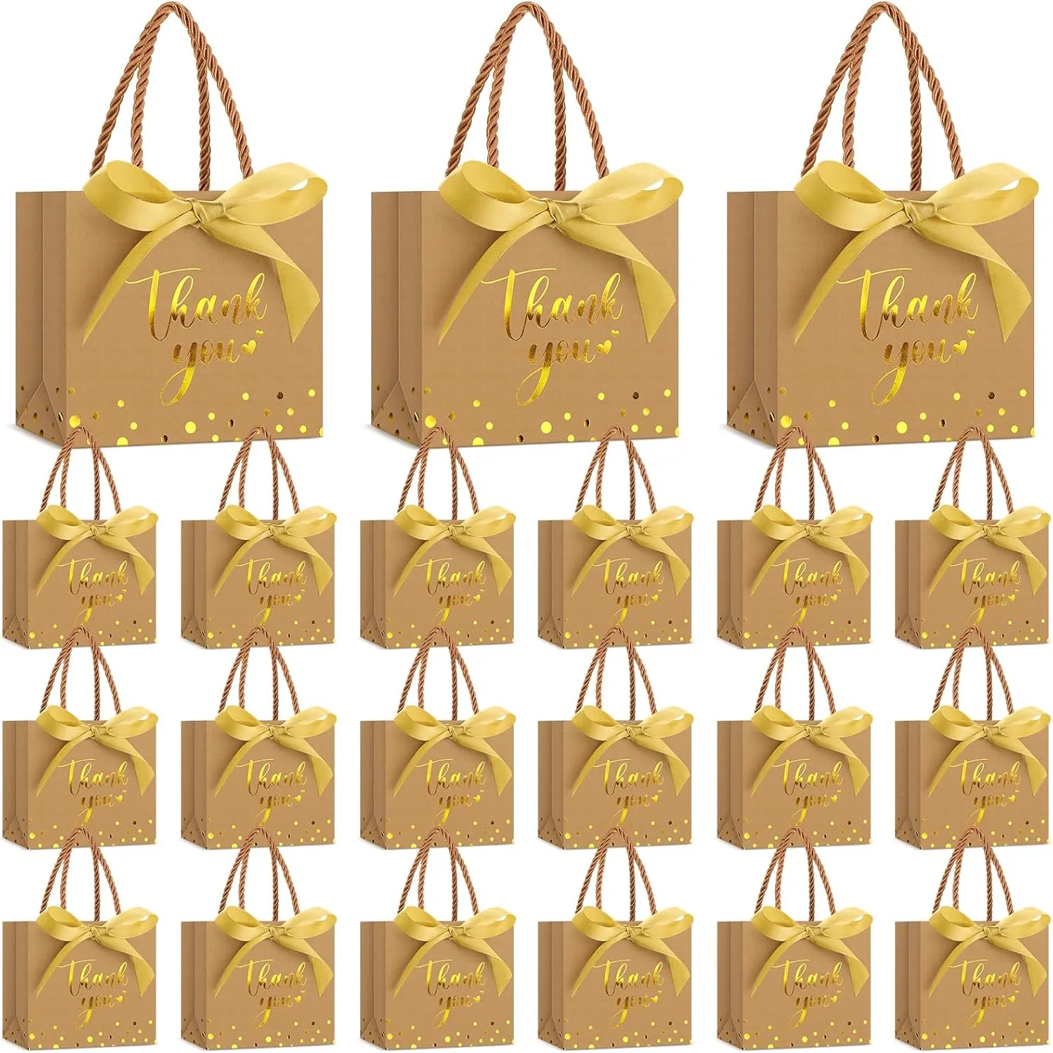 Jetec 45 Pcs Mini Paper Gift Bag Bulk 5.5 x 4.7 x 2.5'' Small Thank You Favor Bag with Handle Bow Ribbon for Valentine‘s Day Wedding Baby Bridal Shower Birthday Party(Kraft Paper Color/gold)