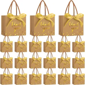 Jetec 45 Pcs Mini Paper Gift Bag Bulk 5.5 x 4.7 x 2.5'' Small Thank You Favor Bag with Handle Bow Ribbon for Valentine‘s Day Wedding Baby Bridal Shower Birthday Party(Kraft Paper Color/gold)