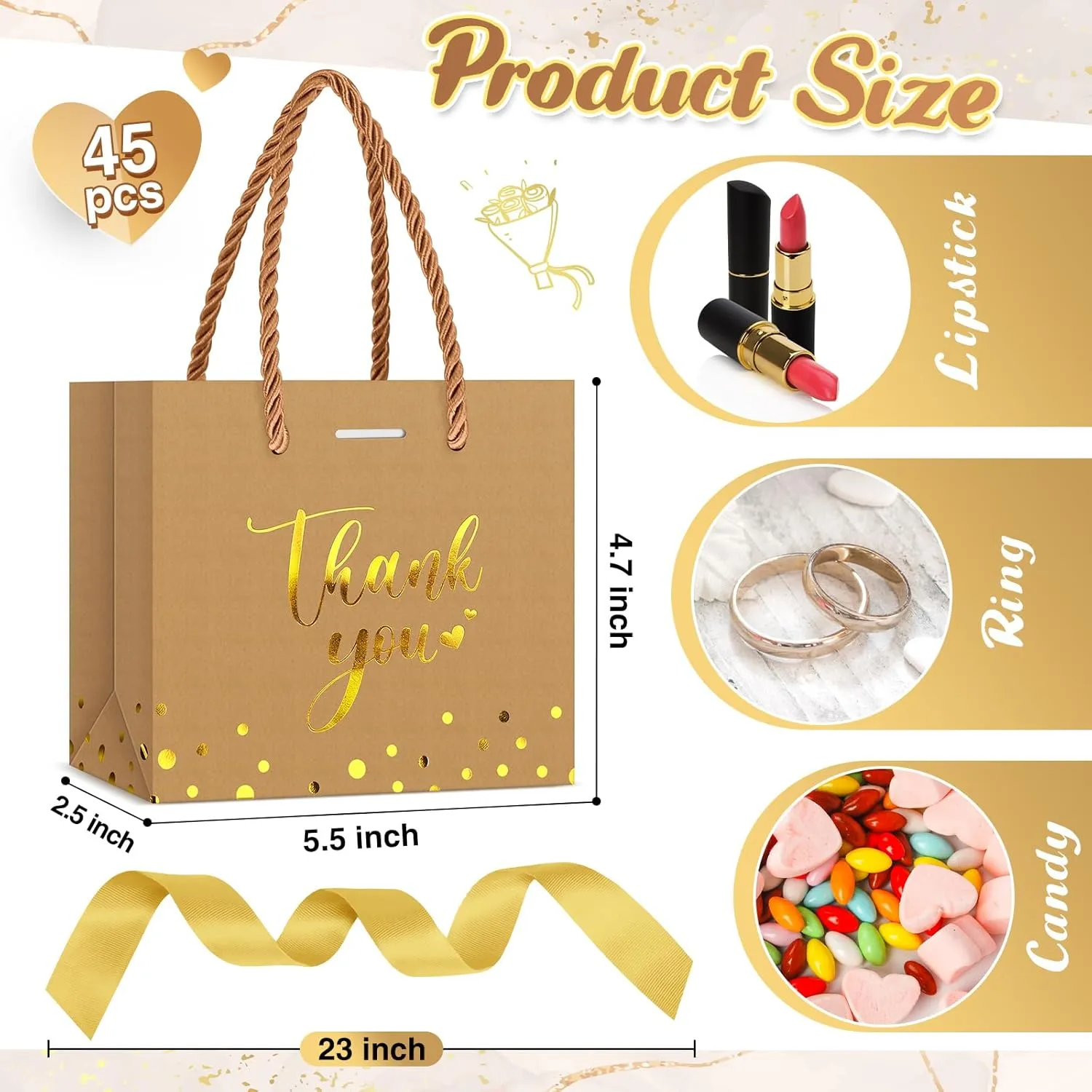 Jetec 45 Pcs Mini Paper Gift Bag Bulk 5.5 x 4.7 x 2.5'' Small Thank You Favor Bag with Handle Bow Ribbon for Valentine‘s Day Wedding Baby Bridal Shower Birthday Party(Kraft Paper Color/gold)